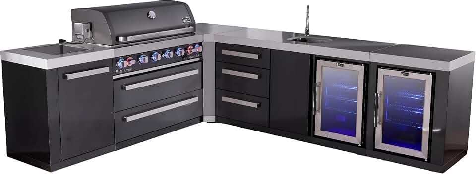 Mont Alpi 94" x 113" L-shaped Black Stainless Steel Outdoor Kitchen Island + 2 Refrigerators + Beverage Center Faucet & Sink + 44" 6-Burner BBQ Grill + Granite Countertops + Storage Cabinets & Drawers