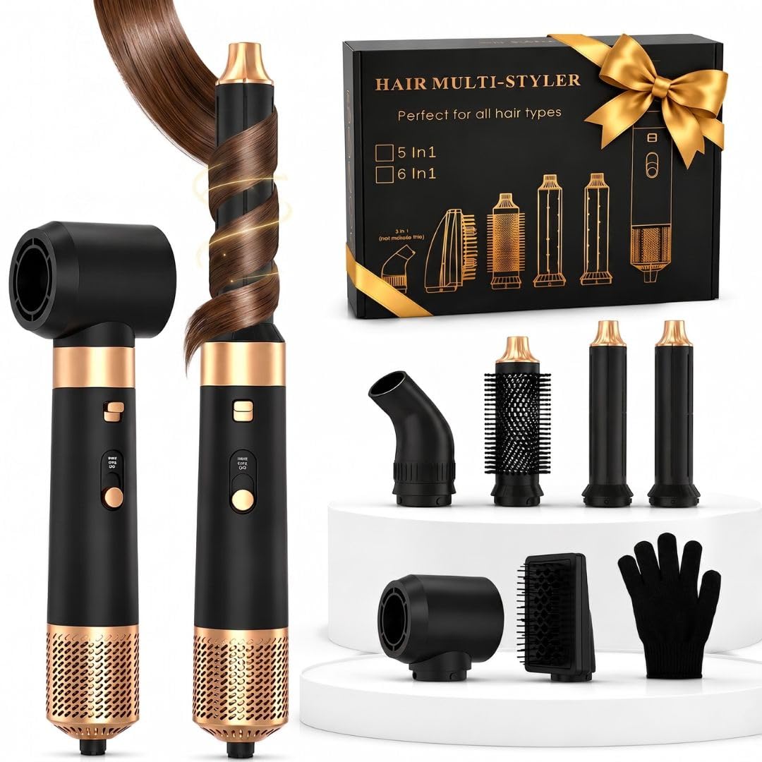 Brosse soufflante 6 en 1, Hair Styler 1000W Sèche Cheveux Multifonction, Brosse coiffante et lissante, volumisante, Air Boucleur, Gant inclus, Technologie Ionique, Cadeau Femme
