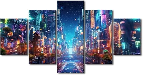 Miniatura 61 de Lienzo decorativo moderno para pared, pintura artística Cyberpunk, impresión de 5 paneles, decoración de lienzo para sala de estar para dormitorio