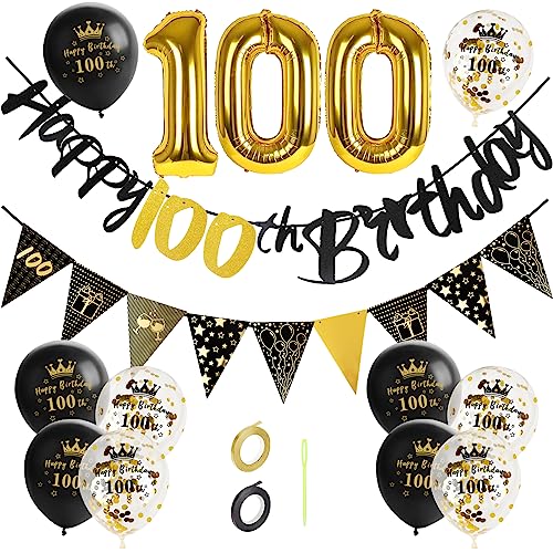 GoldRock 100 Geburtstag Dekoration Schwarz Gold, Deko zum 100 Geburtstag Männer Frau, Geburtstagsdeko 100 Jahre,Luftballons 100 Geburtstage,Happy Birthday Girlande,Folienballon Zahl 100,Deko 100 Jahre