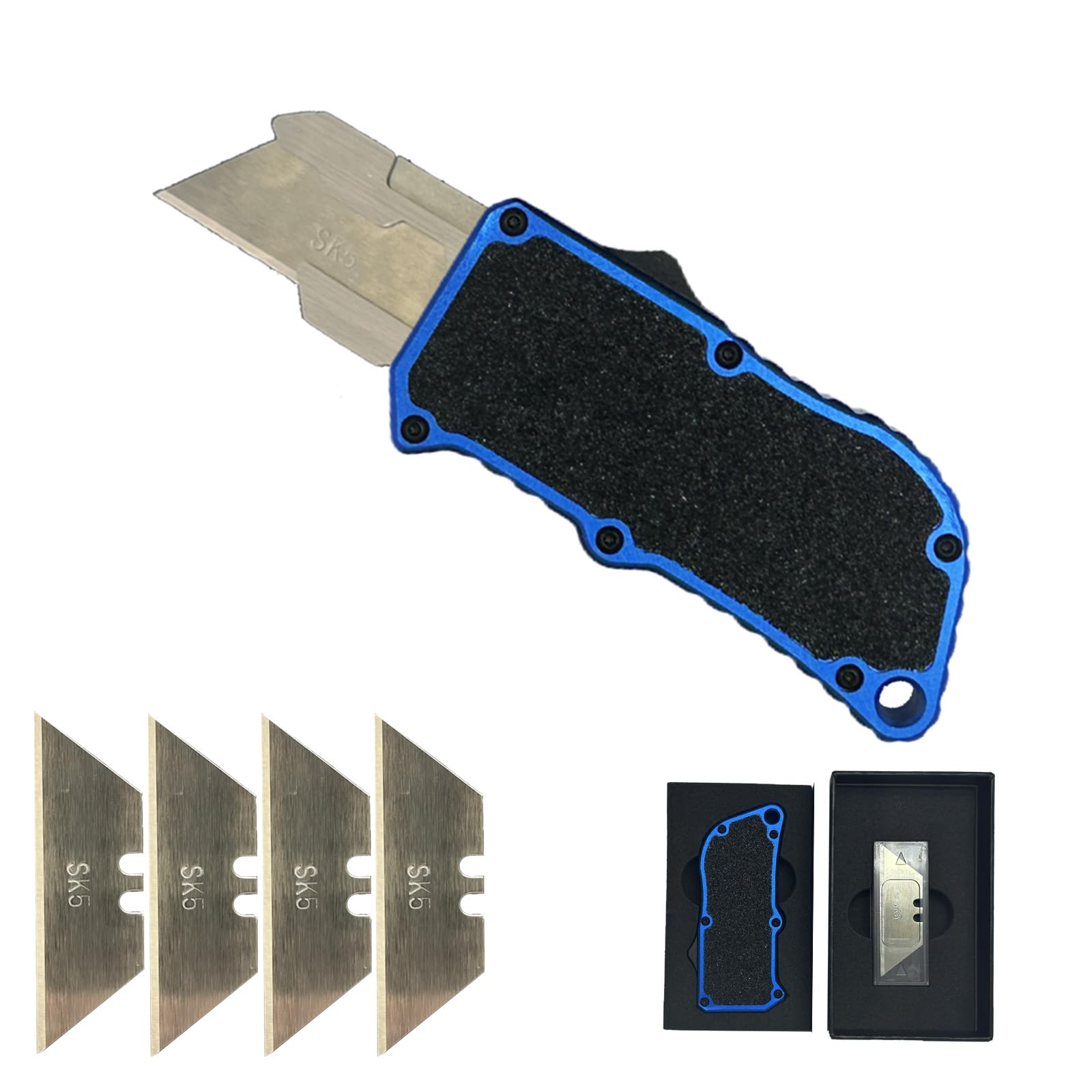 Heavy Duty Aviation Aluminum Utility Knife with Clip, EDC Automatic Utility Knife, Box Cutter, Included 5 SK5 Replaceable Spare Blade for Office, Home