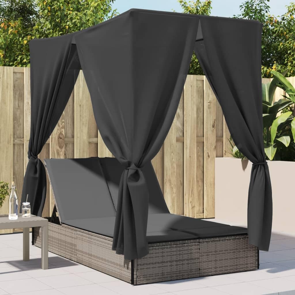 HUAKEHOM Doppelliege mit Dach und Vorhängen Sonnenliege Gartenliege Verstellbare Rückenlehne Relaxliege Sonneninsel Liege Gartenmöbel Grau Poly Rattan