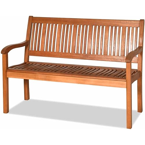 COSTWAY Wooden Bench Outdoor, Curved Armrest & Backrest, Sturdy Outdoor Wood Bench for Garden, Park & Porch, 25" D x 50" W x 36" H, Teak Colored