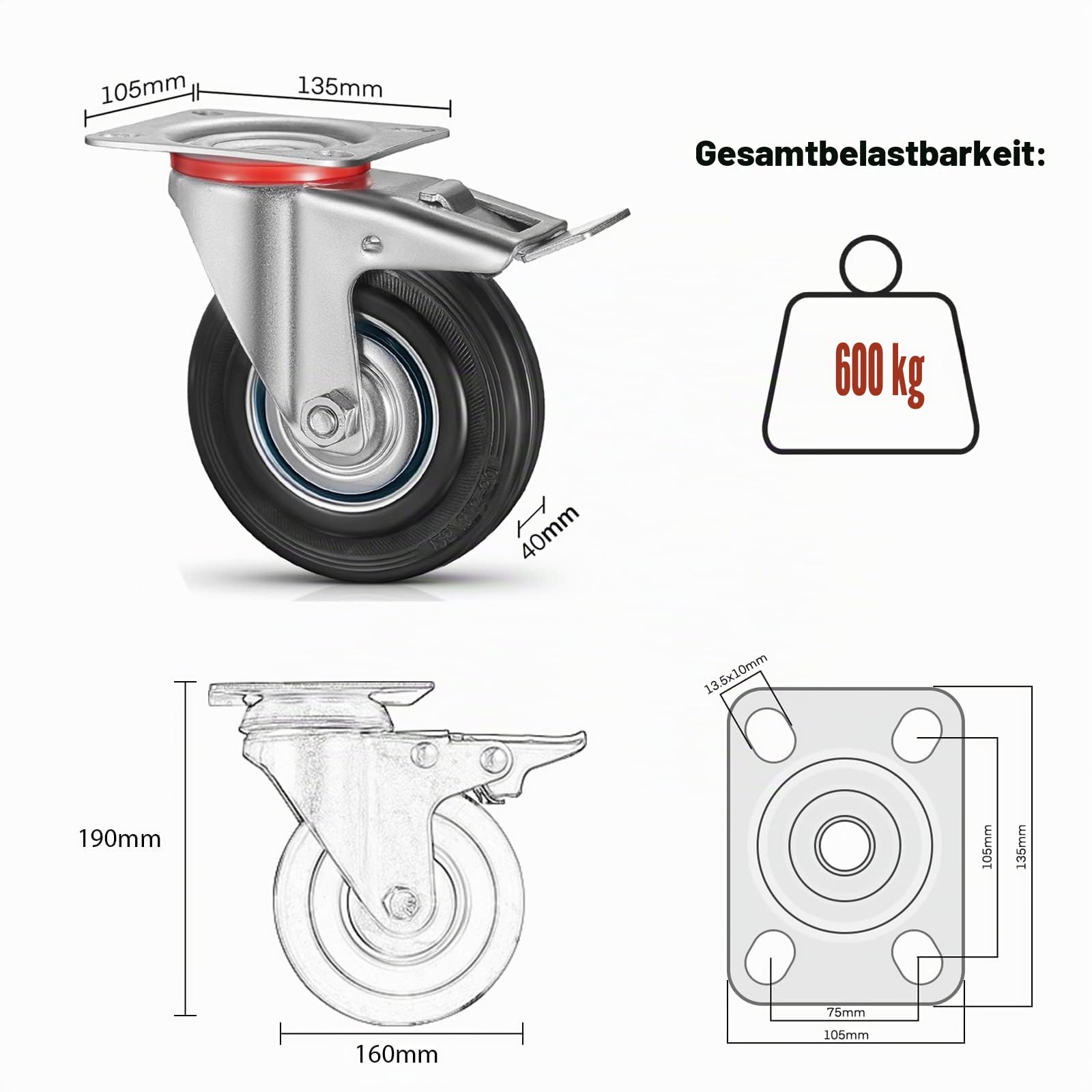 8er Set Schwerlastrollen 160 mm, Lenkrollen bis 1200kg Traglast | Inkl. Schrauben, 360° Drehbar & Geräuschlos, 4 mit Feststellbremse, 4 ohne. Ideal für Möbel, Paletten und Lager