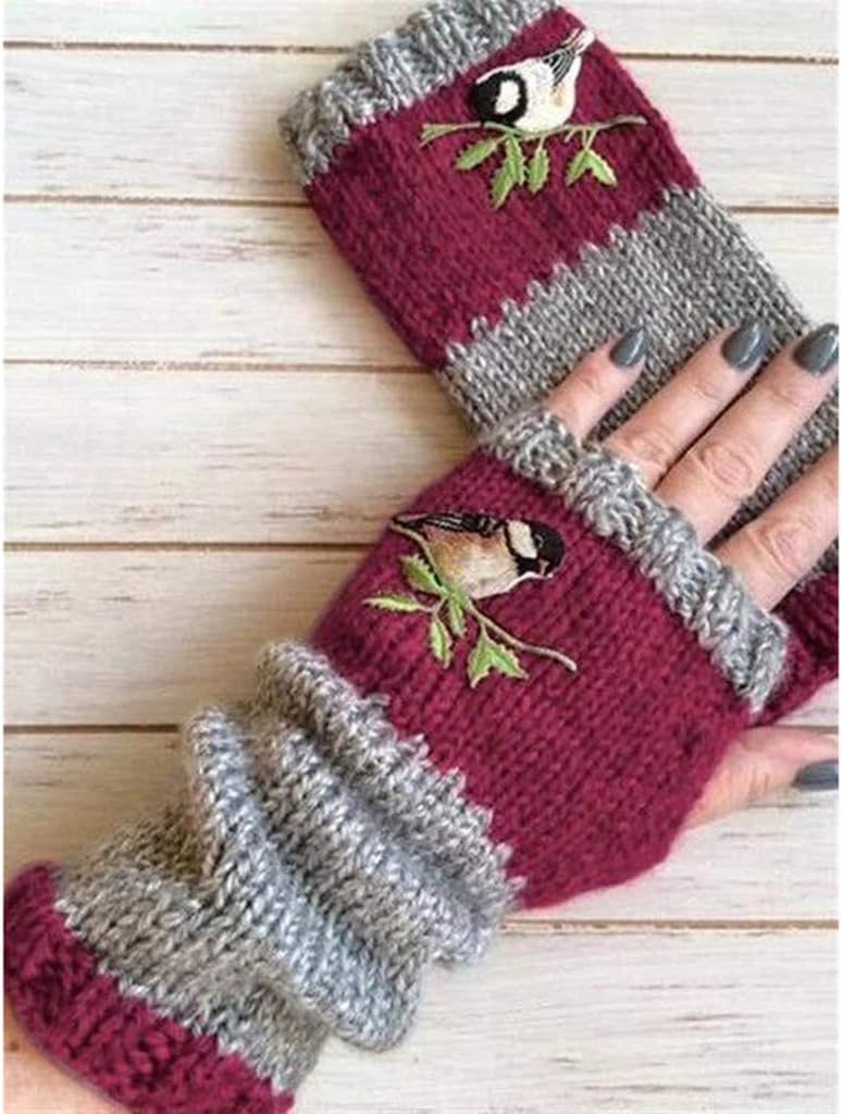 Embroidery Knitted Fingerless Gloves for Women Winter Warm Mittens for Cold Weather (Wine, One Size) : Clothing, Shoes & Jewelry