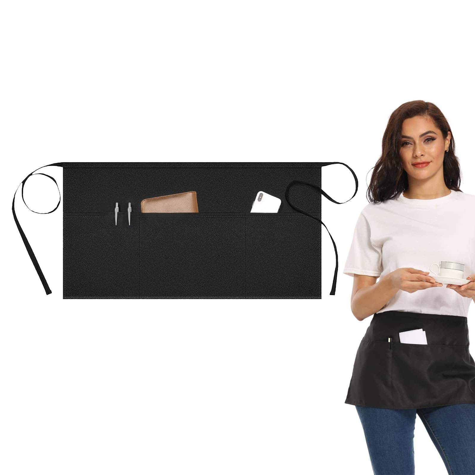 Asheyya Black 1 Pcs Waitress Apron With Pockets, Anti-Dirt Waist Apron For Home Kitchen Restaurant Work Chef Waiter Cooking Baking (1, )