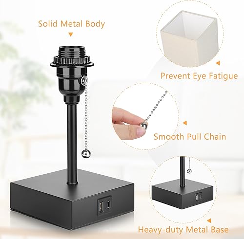 Miniatura 9 de Lámpara de mesa de noche lámpara de mesa de cadena con 2 puertos de carga USB bombilla LED de 2700 K pantalla de lino de tela lámpara de mesita de