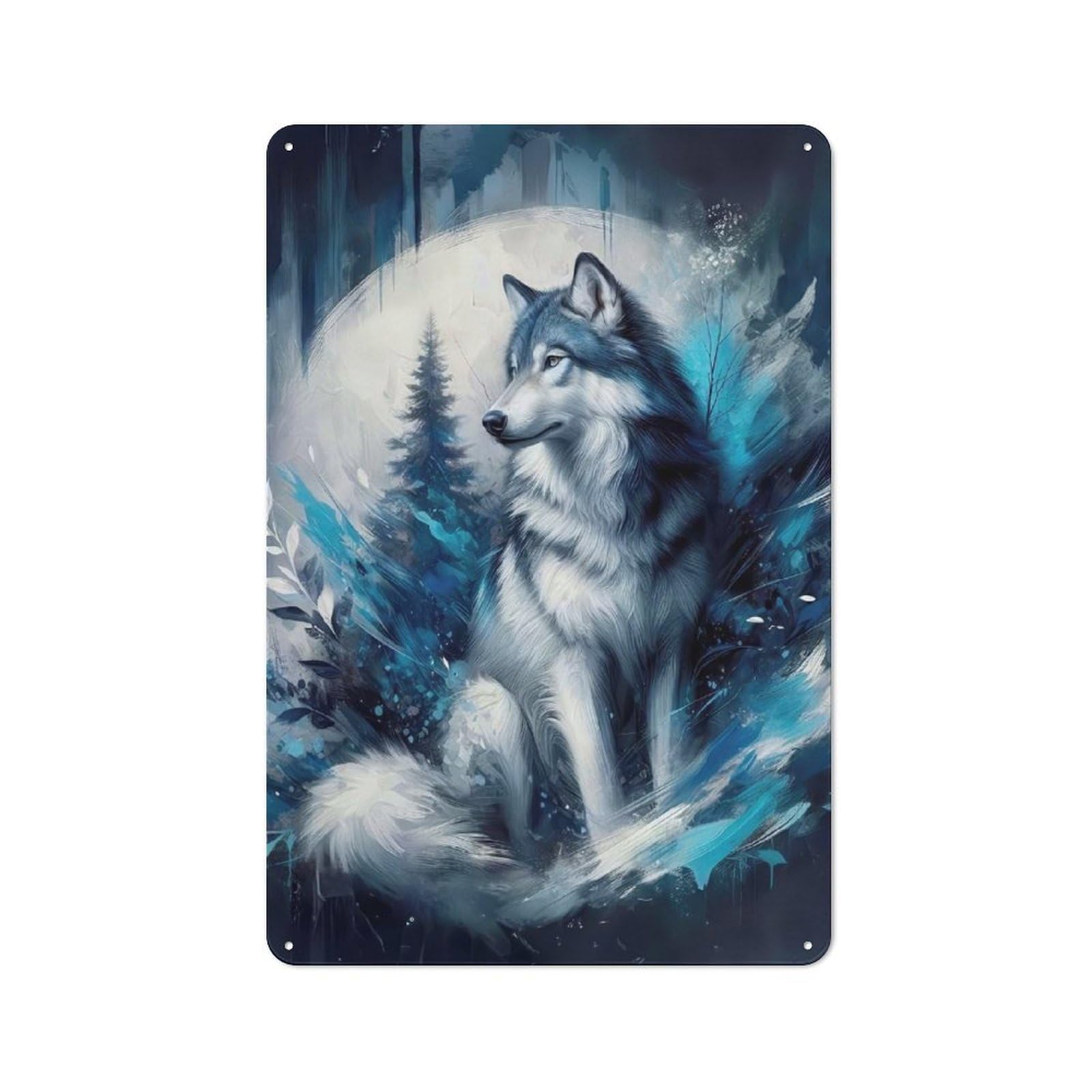 Junmoney Blue Wolf Portrait 30X20cm Retro Metal Plaque With For Kitchen Or Home Bar, For Garage, Workshop And Man Cave Decoration