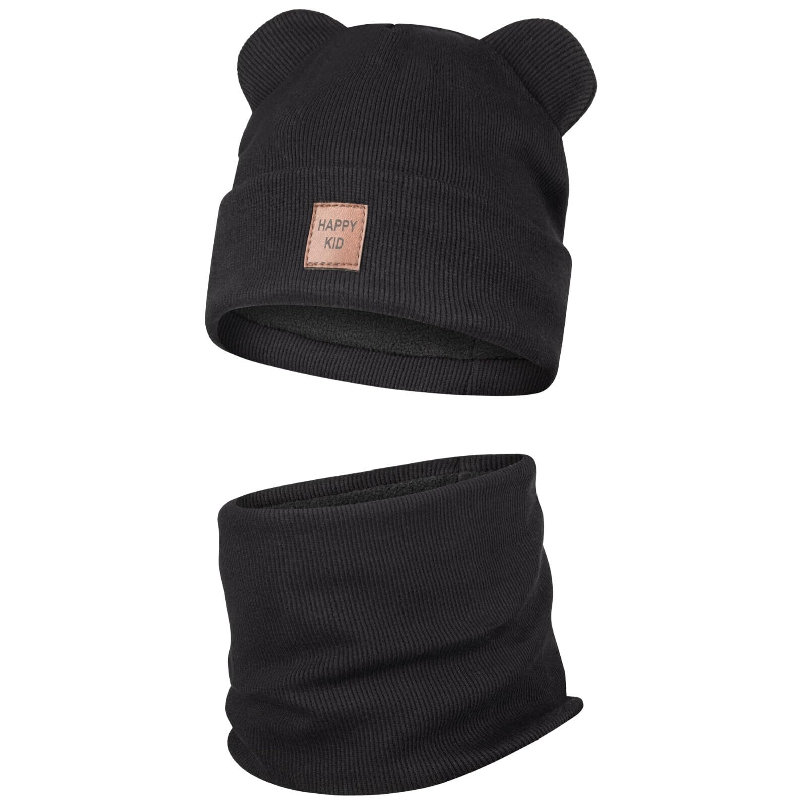 Gorro infantil con orejas de oso y bufanda – cálido y suave | Tejido acanalado con forro polar | Conjunto de invierno para niños y niñas