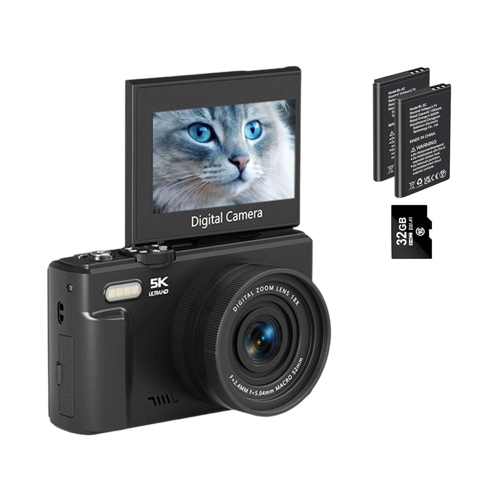 Fotocamera Vlog 5K 75MP Con Schermo da 3 pollici 180 ° Zoom 18X WiFi e messa a fuoco automatica Luce integrata per principianti Zoom WiFi Vlog Camera