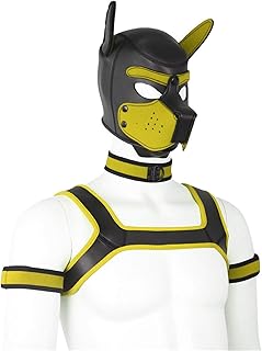 YiQin RWSX Mascarilla de látex suave para perros con orejas, máscara de cachorro para fiesta de cosplay, juego de mascarada (máscara, collar, pulsera, correa) (Color: amarillo, tamaño: L)