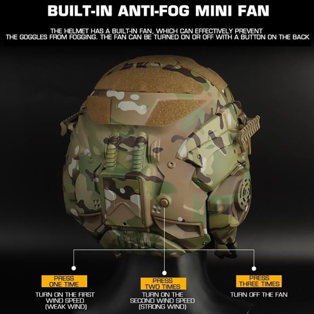 Tactical Airsoft Helmet Set Fast Helmet with Built-in HD Headset Full Face Mask and Anti-Fog Fan for Outdoor Paintball Cosplay BB Game CS Hunting Gear I