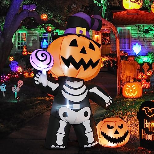 Goosh 6 Ft Height Halloween Inflatable Outdoor Pumpkin With Skull Body, Blow Up Yard Decoration Clearance With Led Lights Built-In For Holiday/Party/Yard/Garden #TOP2