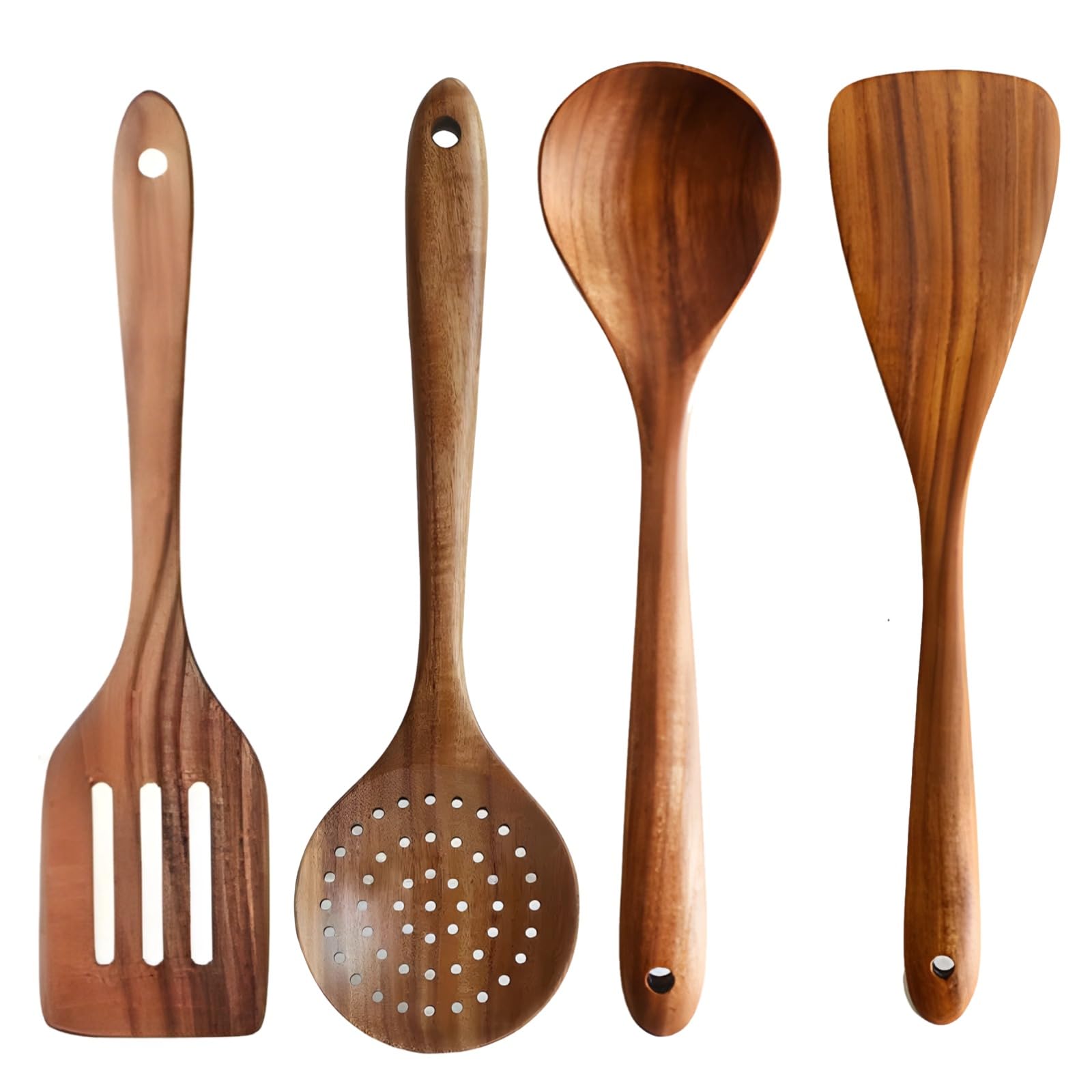 Lot de 4 ustensiles de cuisine en bois de teck, spatule à long manche, design ergonomique, spatule plate, cuillère ronde, cuillère fendue et cuillère passoire pour batterie antiadhésive