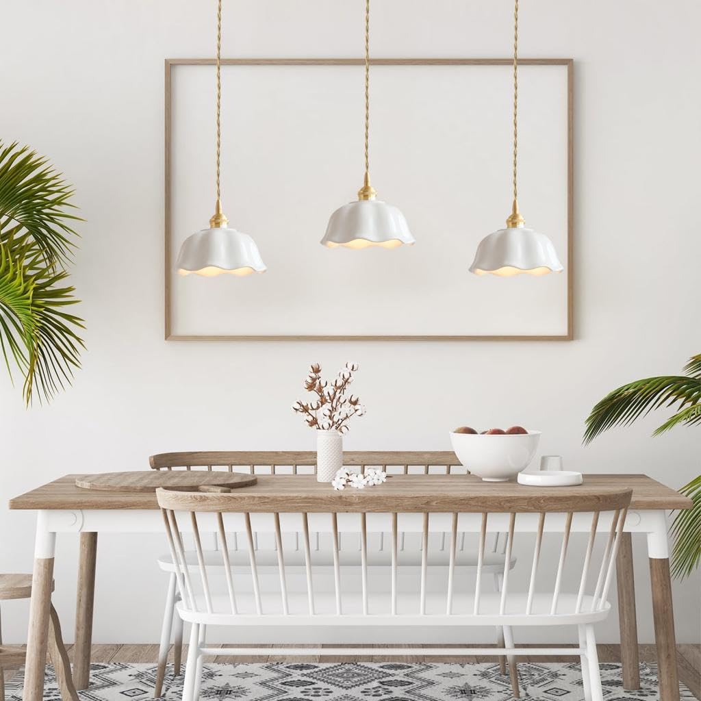 Set di 2 lampadari per soggiorno moderno, a forma di fiore, paralume in ceramica, a sospensione, stile retrò, E27, lampada da soffitto, lampada a sospensione nordica per cucina camera da letto