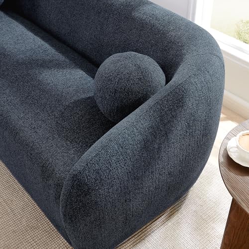 Image of Modway Holland 85 Inch Minimalist Curved Back Sofa in Navy - Chenille Fabric Sofa with Ball Throw Pillows and Wood Feet - Modern 3-Seater Couch for Living Room