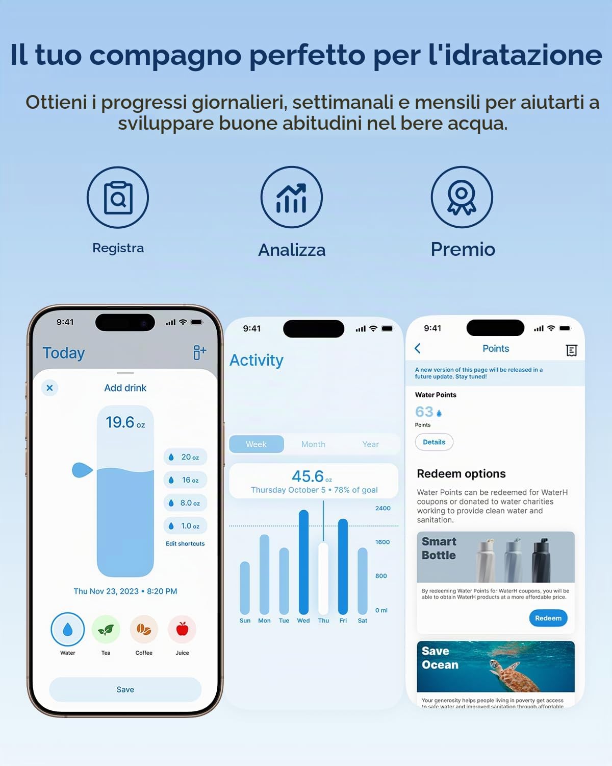 WATERH BOOST - Borraccia intelligente con promemoria idratazione e tracker, borraccia termica sottovuoto in acciaio inox, senza BPA, apertura larga, ideale per palestra, scuola, ufficio, 710 ml