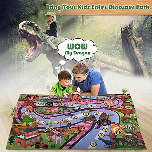 Cradream Dinosaur Toys Jurassic Park Toys Playset with Play Mat Rug Race Cars Trees and Rug, Preschool Learning Egg Jurassic Word Dinosaur Sets Gift for Kids Boys Girls Toddlers Age 2 3 4 5 - Thumbnail 4