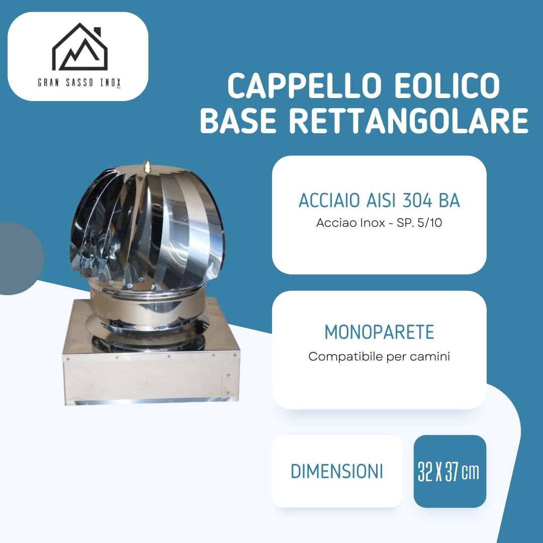 Cappello Eolico Rotante a Base Rettangolare in Acciaio Inox AISI 304 BA SP. 5/10 per Camini (32x37 cm)