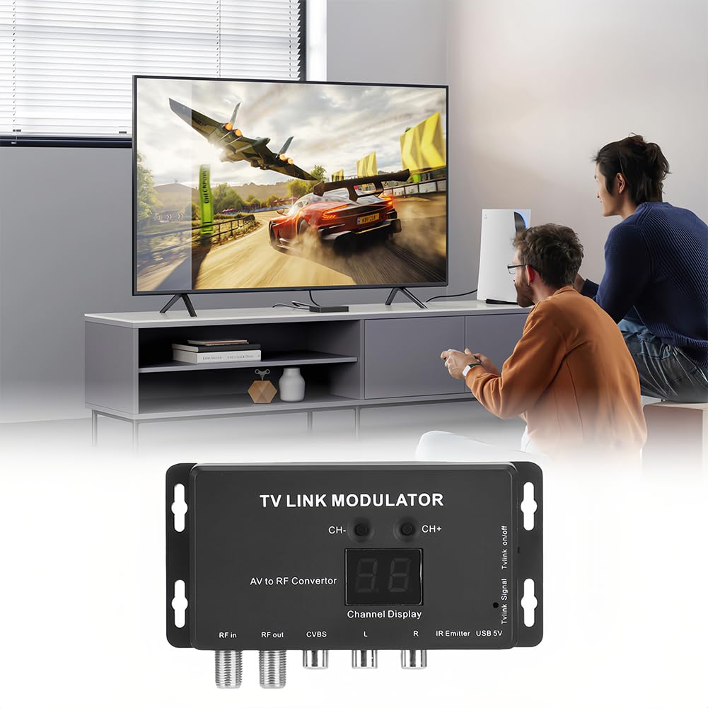 Joyzan UHF-Modulator, UHF-TV-LINK-Modulator, IR-Extender, AV-zu-HF-Konverter, Kanalanzeige mit USB-Ladekabel, Einstellbarer Audio-Video-Ausgangspegel für AV-Quelle