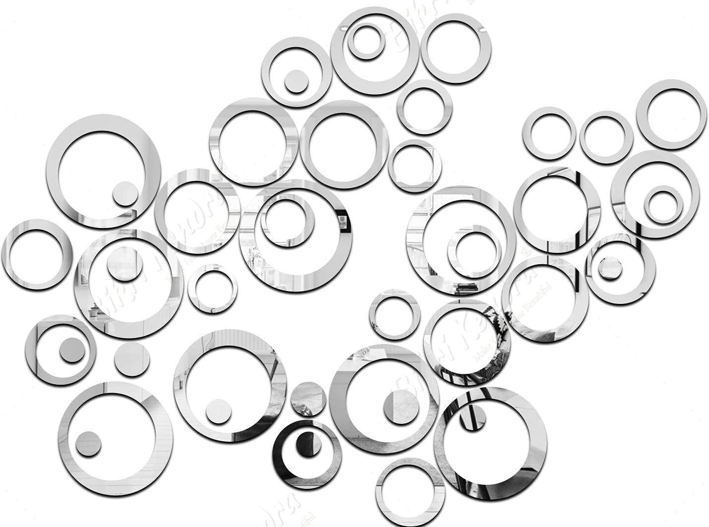 Ind - 44 rings n dots Silver mirror stickers for wall, acrylic mirror wall decor sticker, wall mirror stickers, Acrylic Stickers, Wall Stickers for Hall Room, Bed Room, Kitchen.