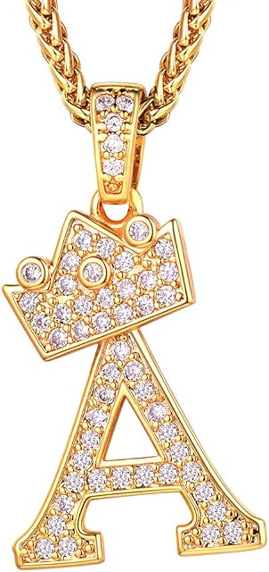Richsteel Mens Womens Crown Initial Letter A-Z Pendant Necklace, Full Cubic Zirconia, Old School Hip Hop Style, 18K Gold/Silver/Black, Resizable 22"-24" Wheat Chain