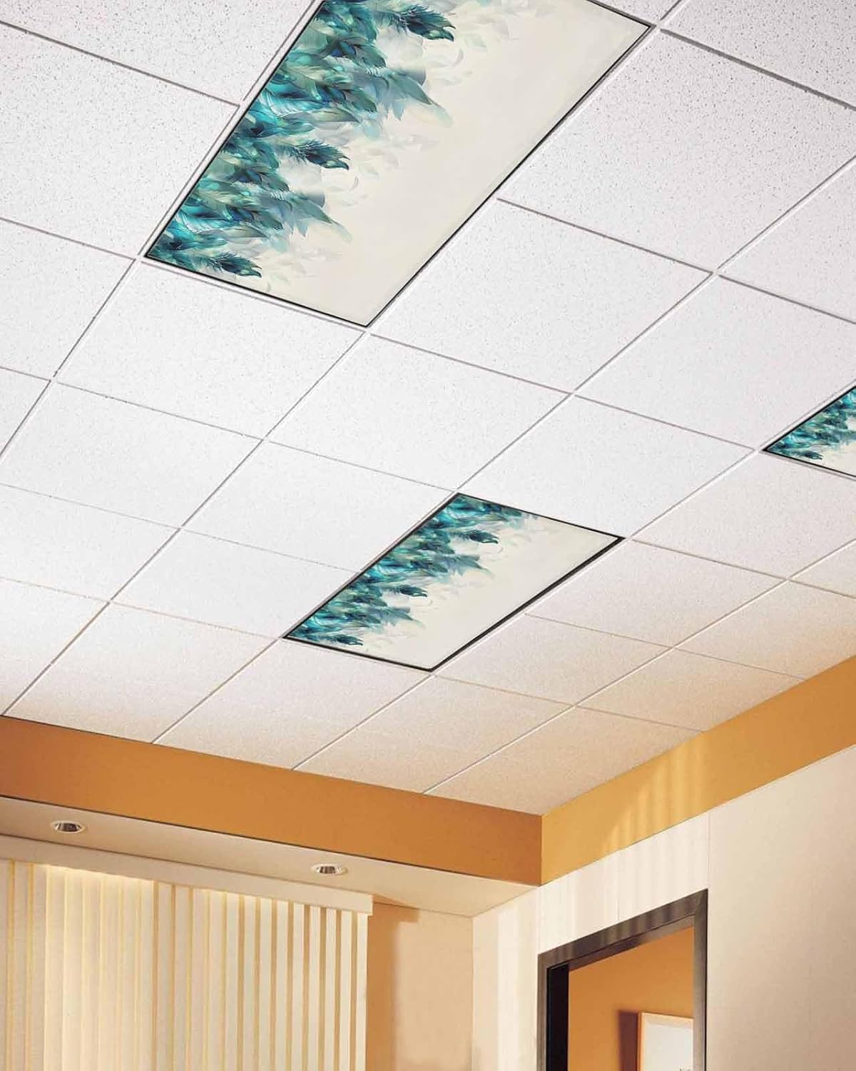 Teal Peacock Feathers Fluorescent Light Covers for Ceiling Lights 4x2 feet,2 Pack Magnetic Light Filters for Classroom,Realistic Leaves Foliage Elegant Fluorescent Light Shade Panel for Office School