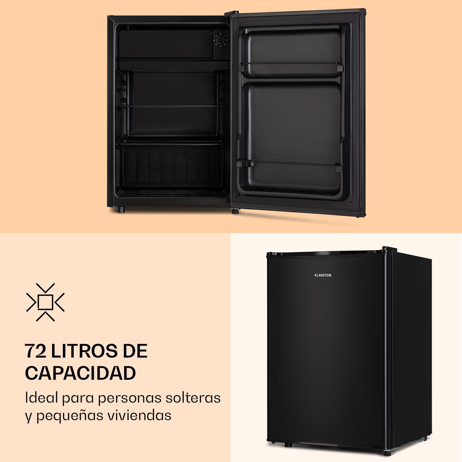 Klarstein Obsidian - nevera, 72 litros de volumen, interior y exterior en negro, 7 niveles de potencia, cajón de verdura, emisión de ruido de 42 dB, negro