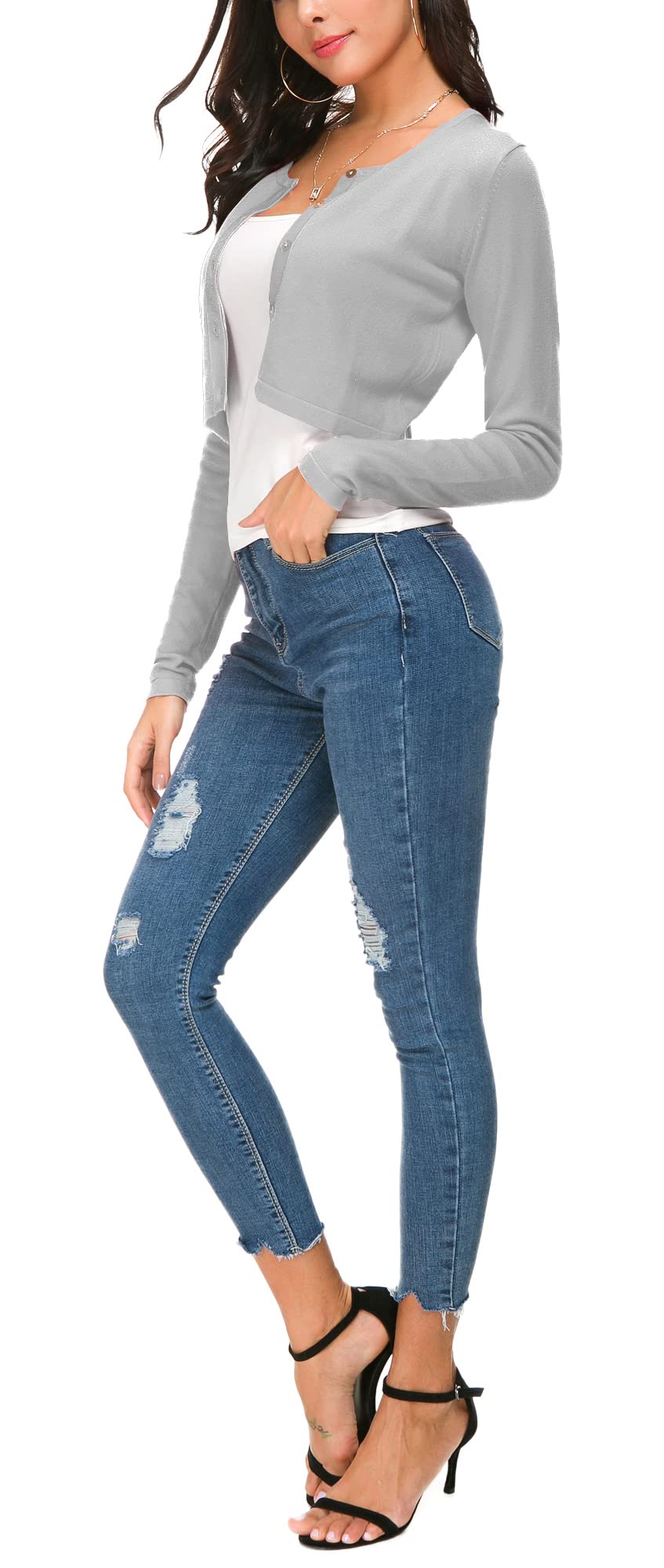 Mujeres Casual Manga Larga Bolero Cuello Redondo Corta Cárdigan Elástico Suéter de Punto Shrug con Botones