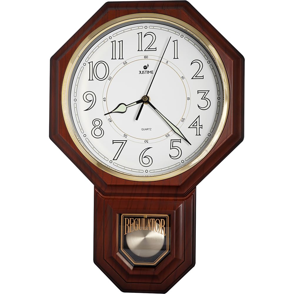 JUSTIME Traditional Schoolhouse Pendulum Luminous Wall Clock Chimes Hourly with Westminster Melody Made in Taiwan, 4AA Batteries Included (PP0258-L Dark Wood Grain)