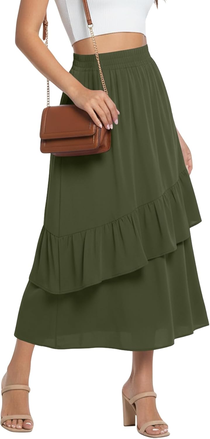 KUOTAI High Waisted Ruffle Tiered Midi Skirts for Women Boho Flowy A Line Summer Beach Long Maxi Skirt with Pockets - Image 3