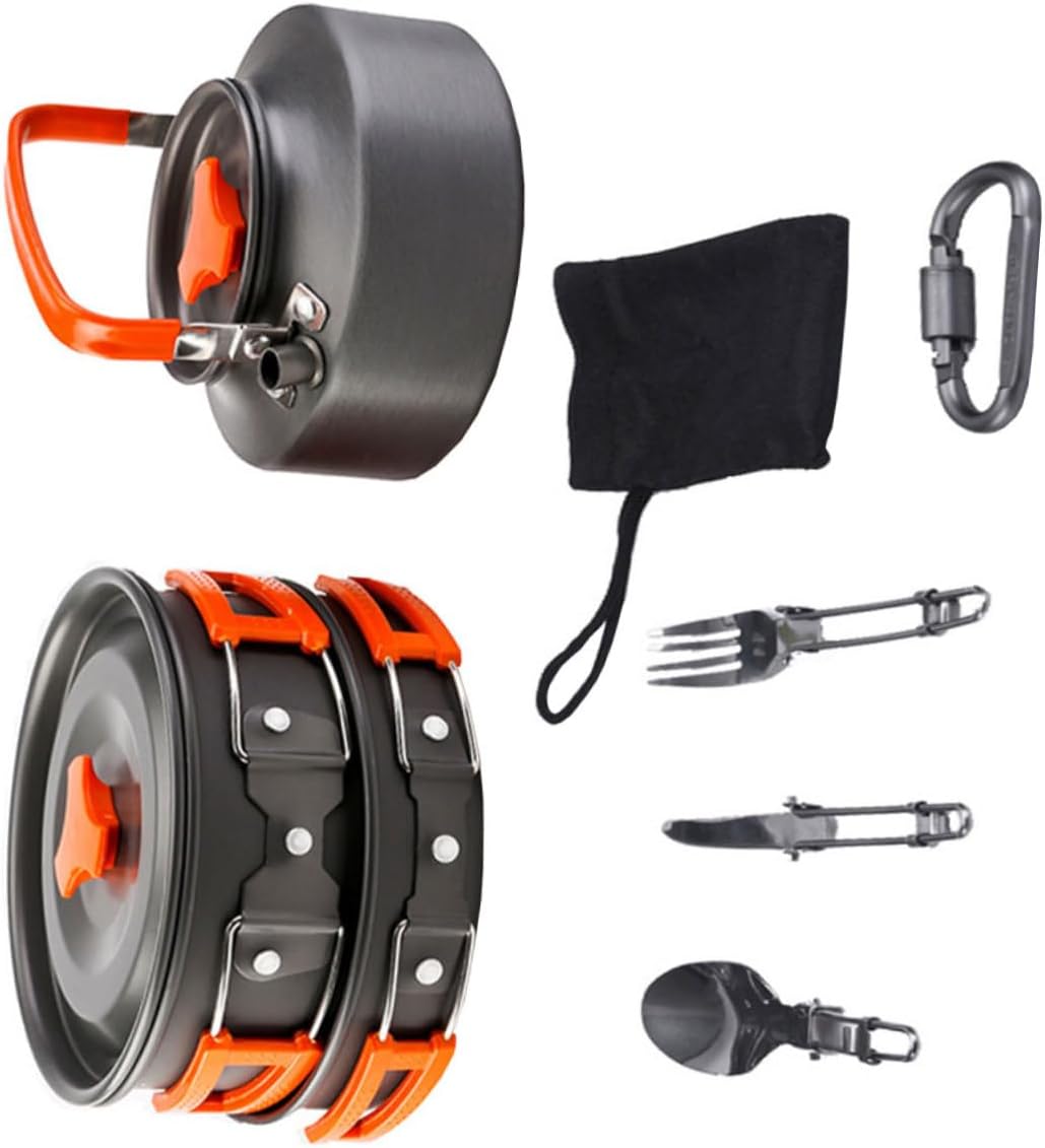 Portable Camping Cookware Set Durable Teapot and Pots for Outdoor Cooking Hiking Picnics Person Combination Cooking Essentials Orange