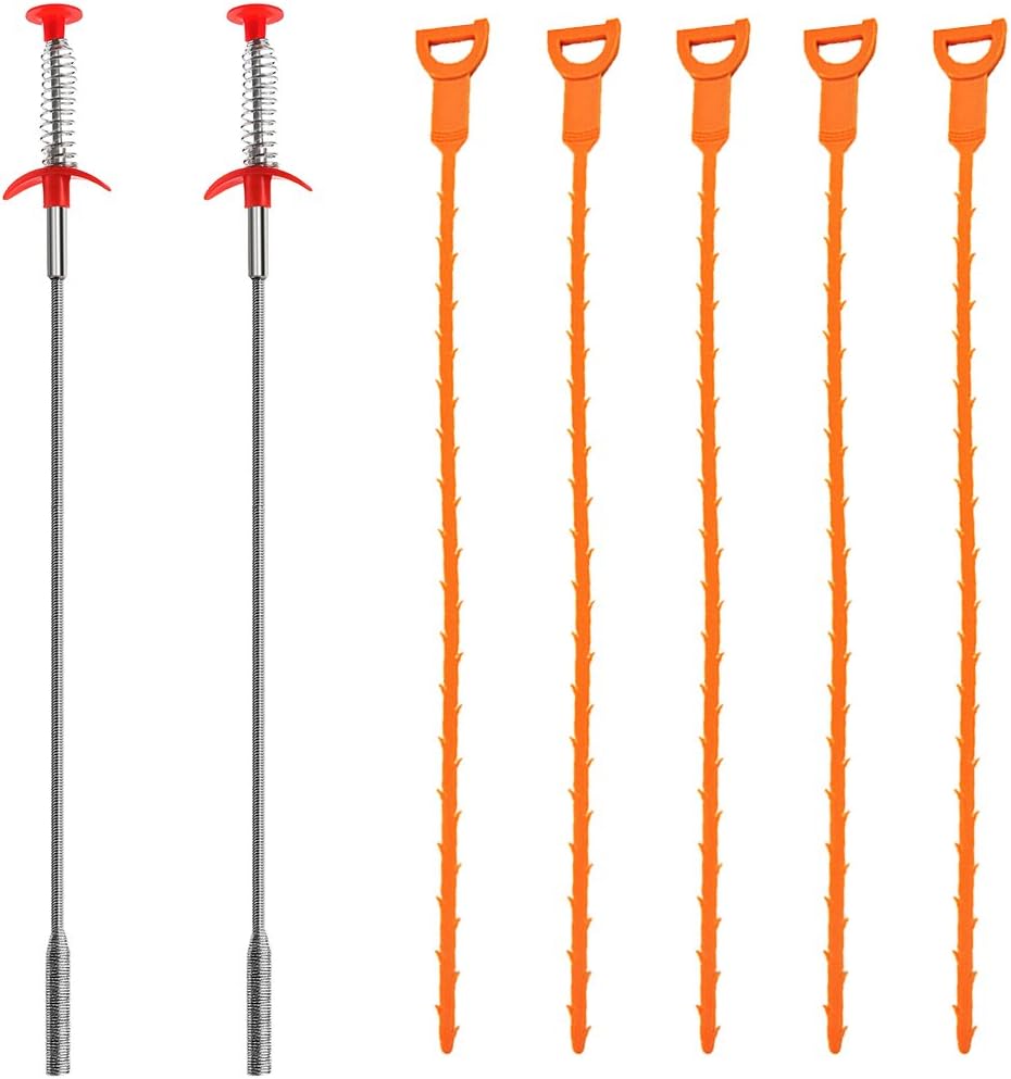 Senhai 7 Pack Drain Snake, 20 Inch Hair Drain Clog Remover Drain Relief Auger Cleaning Tool (2 Stainless Steel And 5 Plastic)