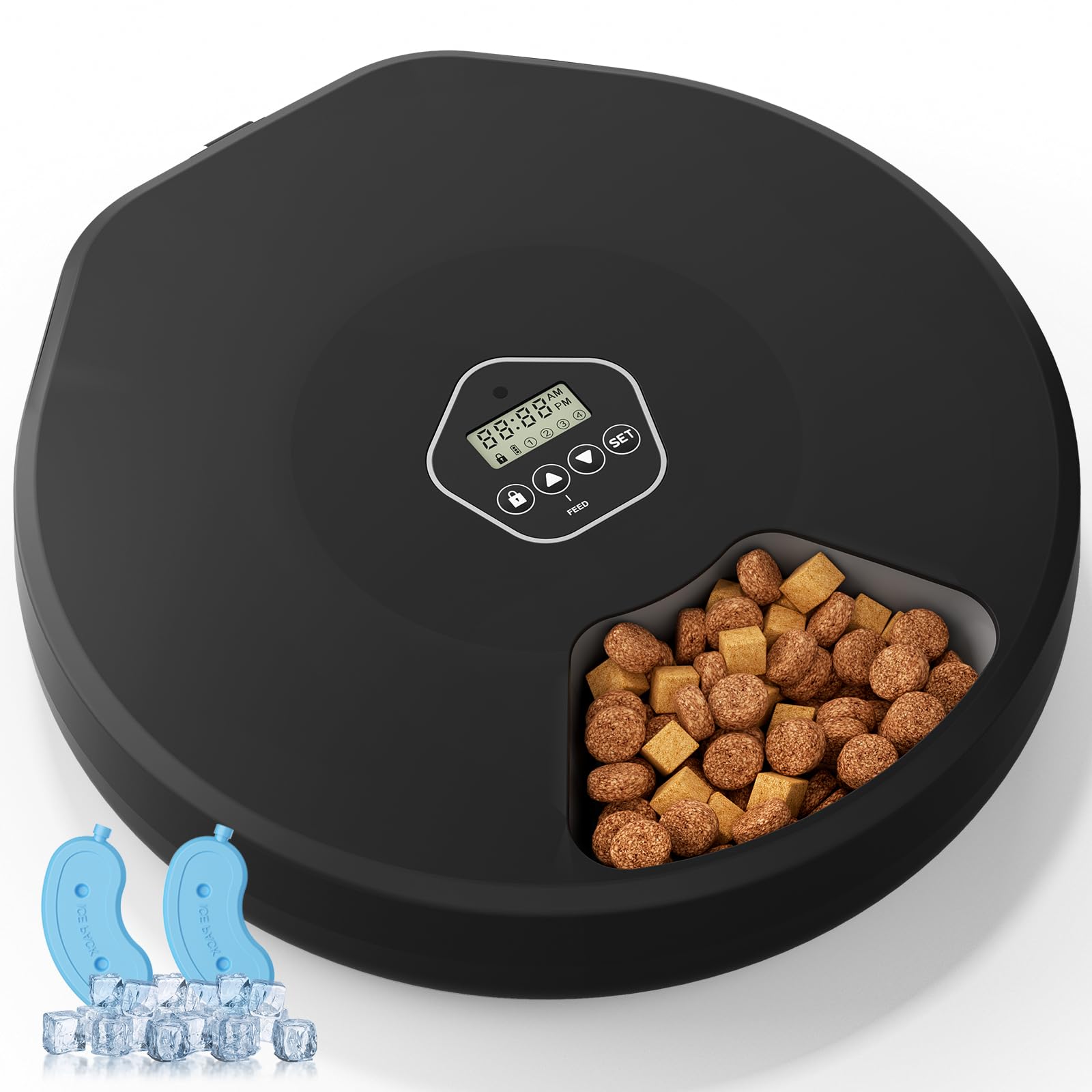 The Fellie Automatic Cat Feeder Wet Food, Wireless Timed Cat Feeder Automatic, 5 Meals Cat Food Dispenser with 2 Ice Packs, Smart Pet Food Dispenser for Wet/Dry Food, Dual Power Feeding Station, Black