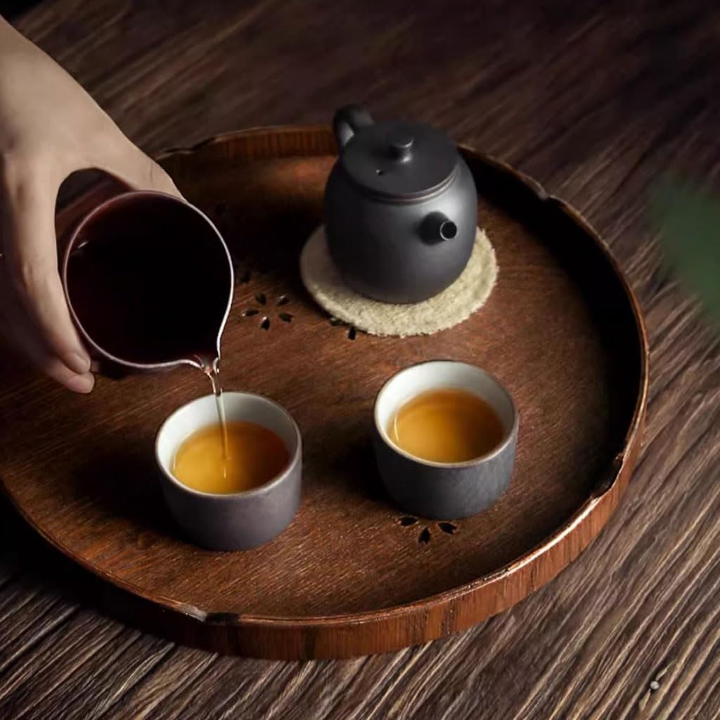 Bandeja de Madera Retro para Servir, diseño Redondo y Hueco para té y Frutas. Ideal para Fiestas, reuniones y Uso Diario.