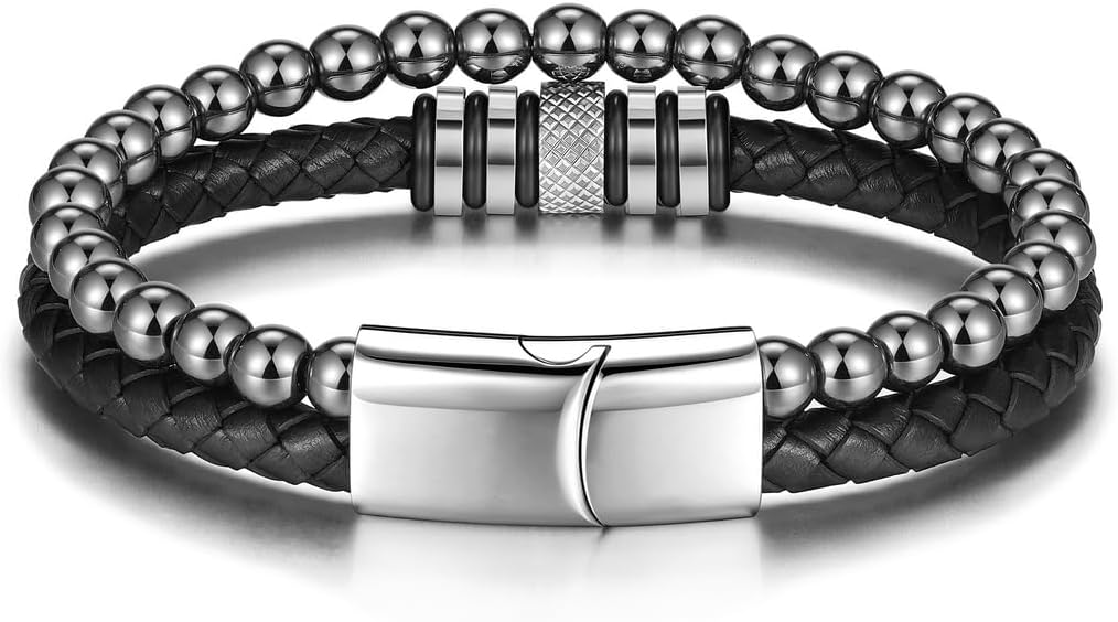 Zysta Mens Bracelet Beaded Leather Bracelets for Men 6mm Hematite Stone Double Layer Genuine Leather Bracelets Black Braided Leather Wristband Stainless Steel Clasp Mens Jewelry