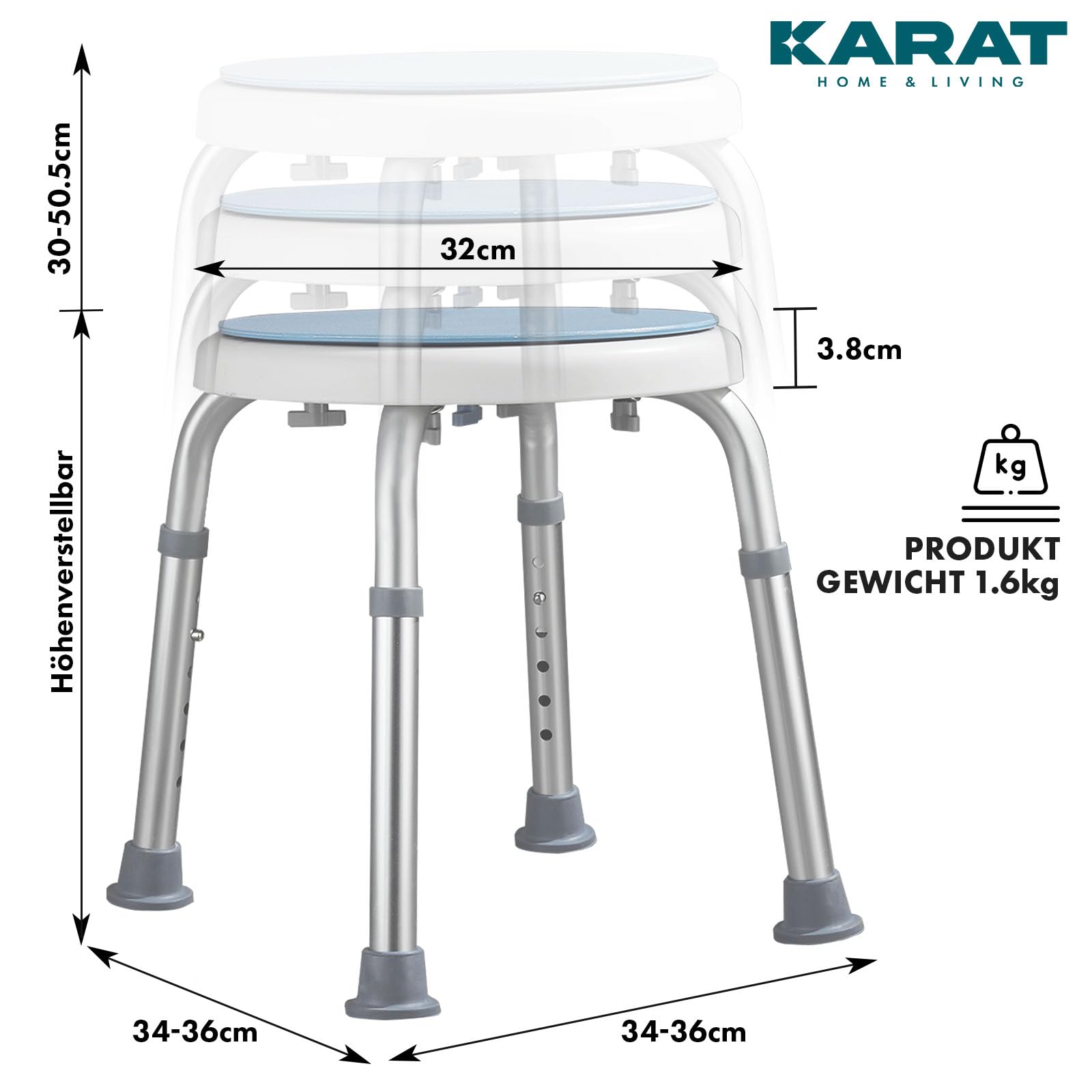 KARAT Duschhocker - 360° drehbarer Duschstuhl belastbar bis 150kg, höhenverstellbar mit rutschhemmenden Gummifüßen - Badhocker, Duschsitz