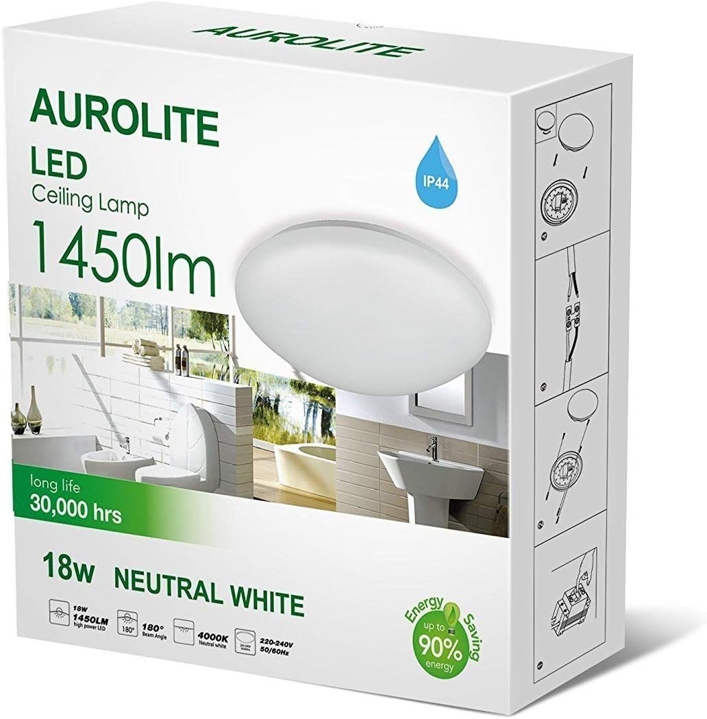 AUROLITE LED Semi Flush Ceiling Light, 1450Lm, (4000K), IP44, Ideal for Living Room, Bedroom, Kitchen, Hallway, Bathroom, 18W Natural White