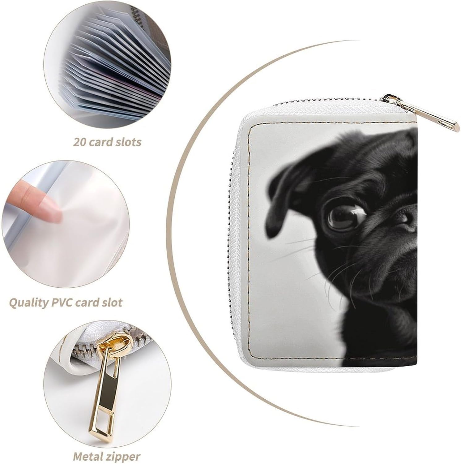 Cute Black Pug Dog Card Holder RFID Blocking,Credit Card Wallet for Women And Men,Card Case Organizer Bag with Zipper