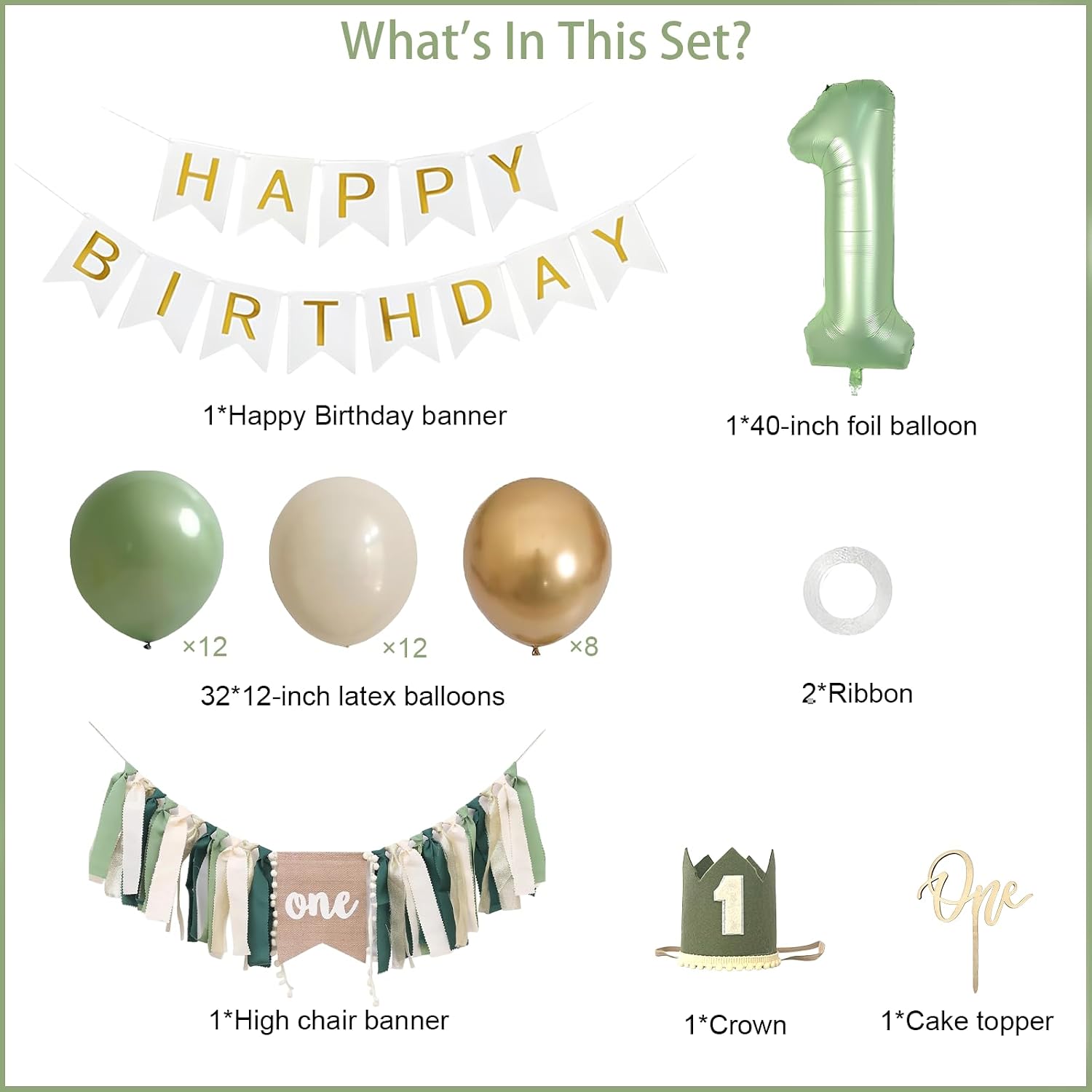 First Birthday Decorations – Complete Party Set with High Chair Banner, Number 1 Balloon, One Cake Topper, Crown, Balloons & Birthday Banner(Green)