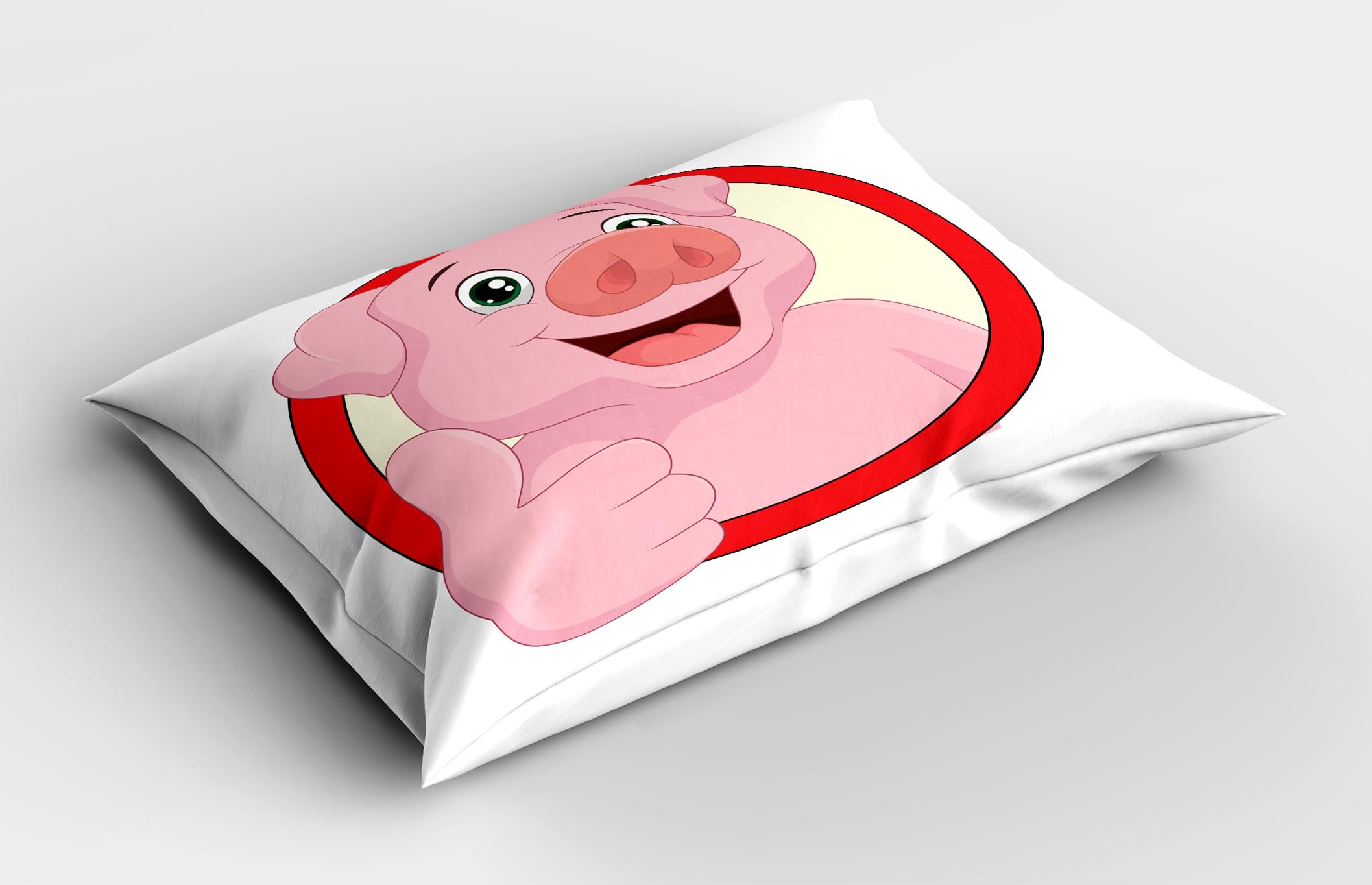 Ambesonne Cartoon Pillow Sham Set of 2, Pig Mascot with Thumbs Animal Illustration with a Circular Frame, Quality Microfiber Bedding Item for All Seasons, 30