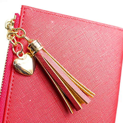 Image of SUMGOGO Wallets for Women Slim Clutch Purse Handbag Card Holder Womens Long Tassel Zipper Pocket Fashion Taiga Leather Billfold Wallet (Red)