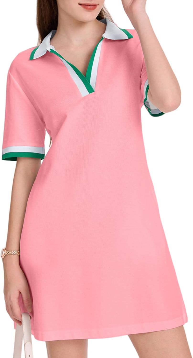 WOWULOVELY Polo Dress for Women V Neck Casual Short Sleeve Mini Shirt Dress Flowy Contrast Color Golf Tennis A Line Dresses(Pink-S) - Image 5