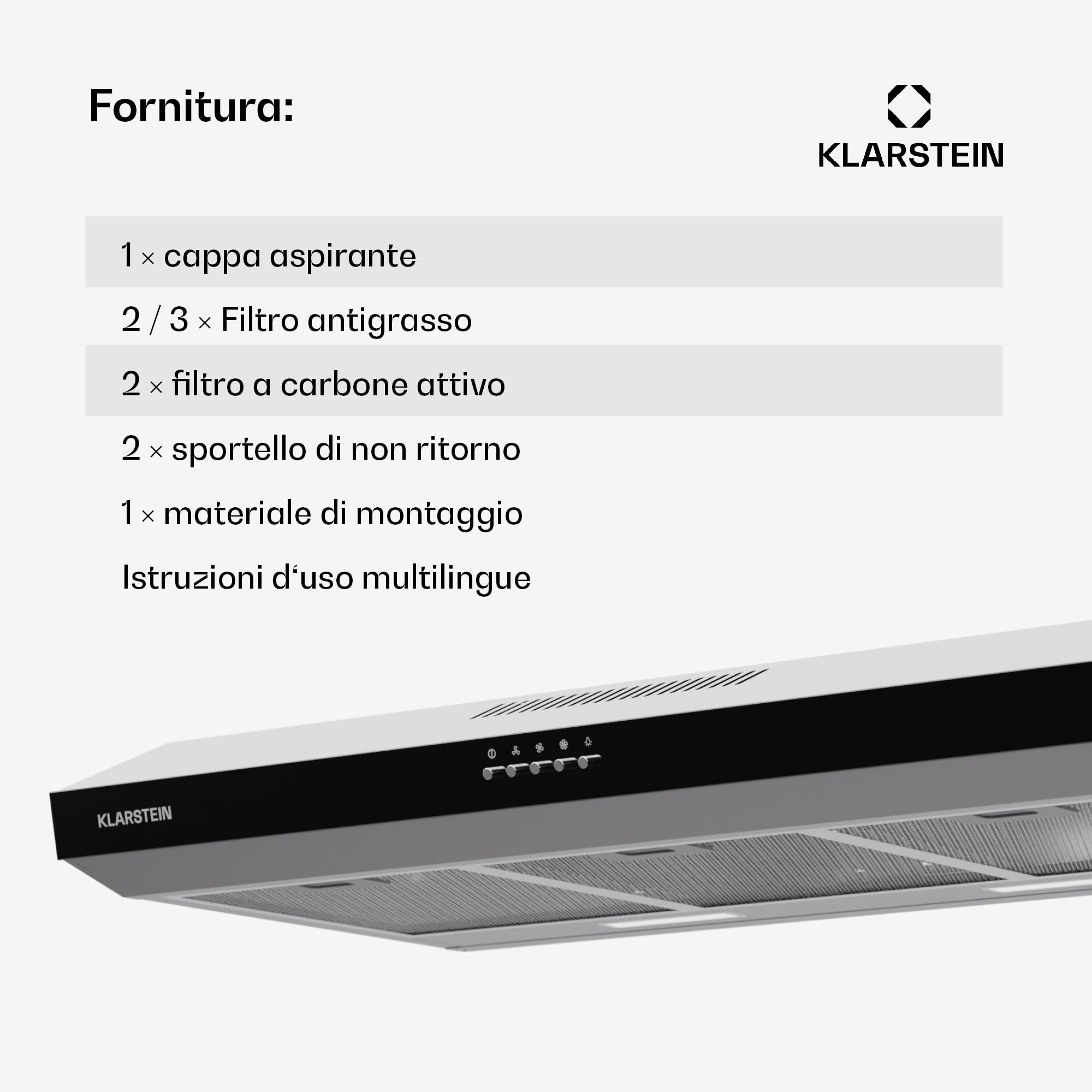 Klarstein Contempo 90 Cappa Aspirante da Incasso, 90cm, 200 m³/h, LED, Filtri ai Carboni Attivi, Argento