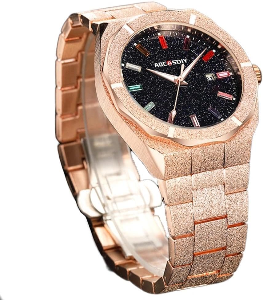 Mens Analog Watch with Frosted Diamond-Like Finish Quartz Wristwatch Waterproof Steel Strap Date (Rose Gold)
