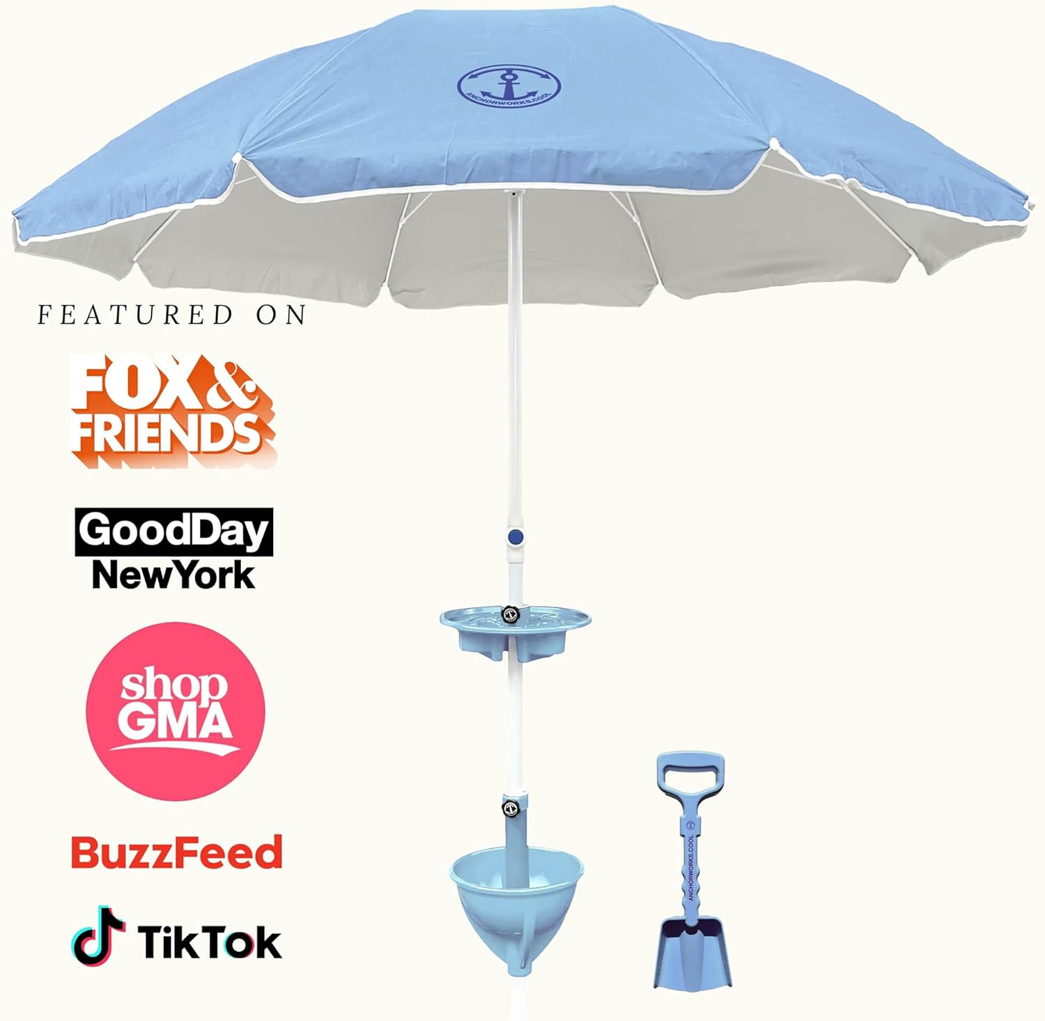 Anchor Works All-In-One Classic Beach Umbrella System - Secure & Wind-Resistant with Heavy-Duty Patented AnchorONE Sand Anchor, 7ft UPF 50+ Umbrella, Convenience Tray, Sand Spade & Carry Bag - ASTM F3681-24 Compliant