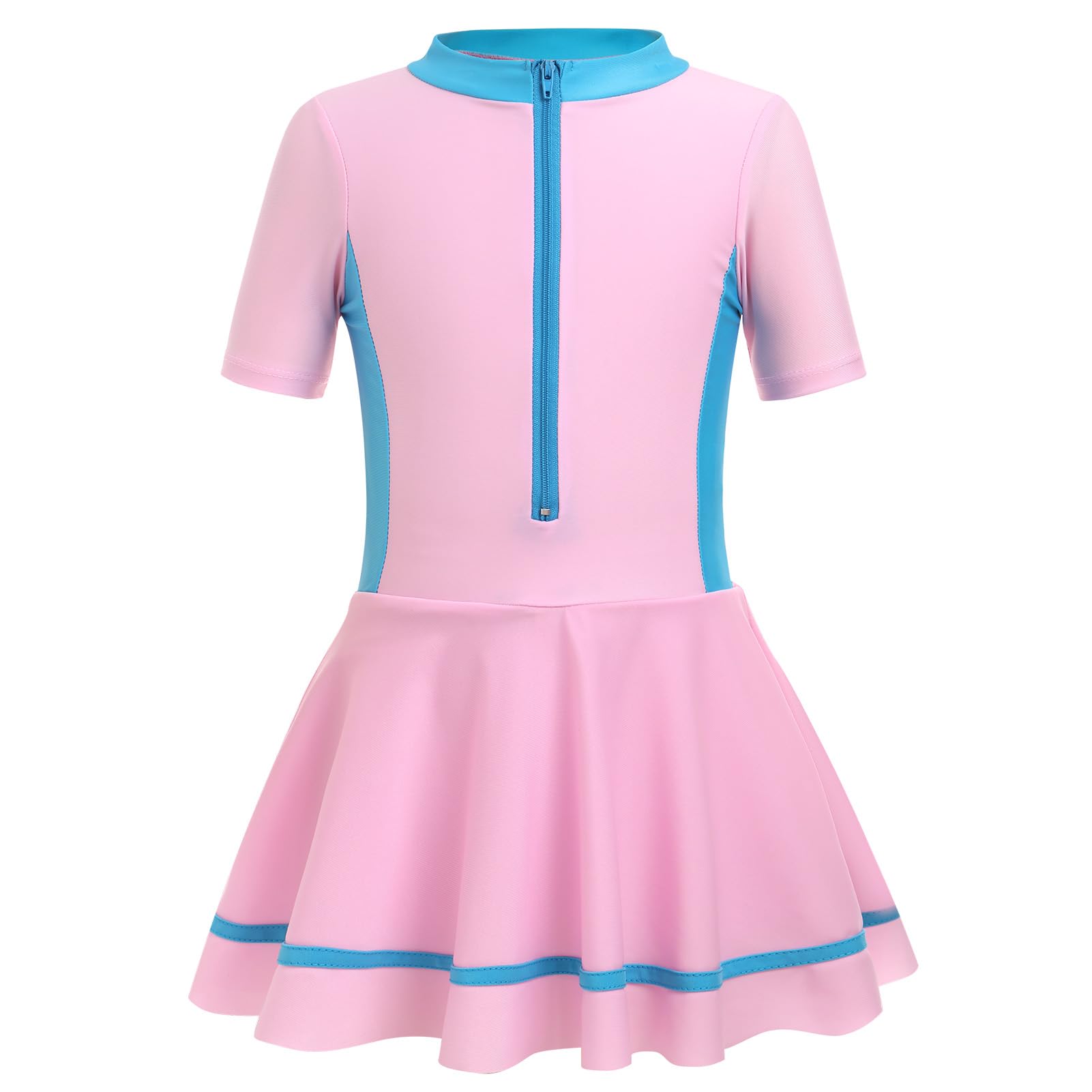 IDOPIP Girls Short Sleeve Swimsuit Summer One Piece Swim Dress with Boyshorts Beachwear Rash Guard Bathing Suit Pool Zipper Front Swimming Suit UPF 50+ Sun Protection Swimwear Pink 11-12 Years