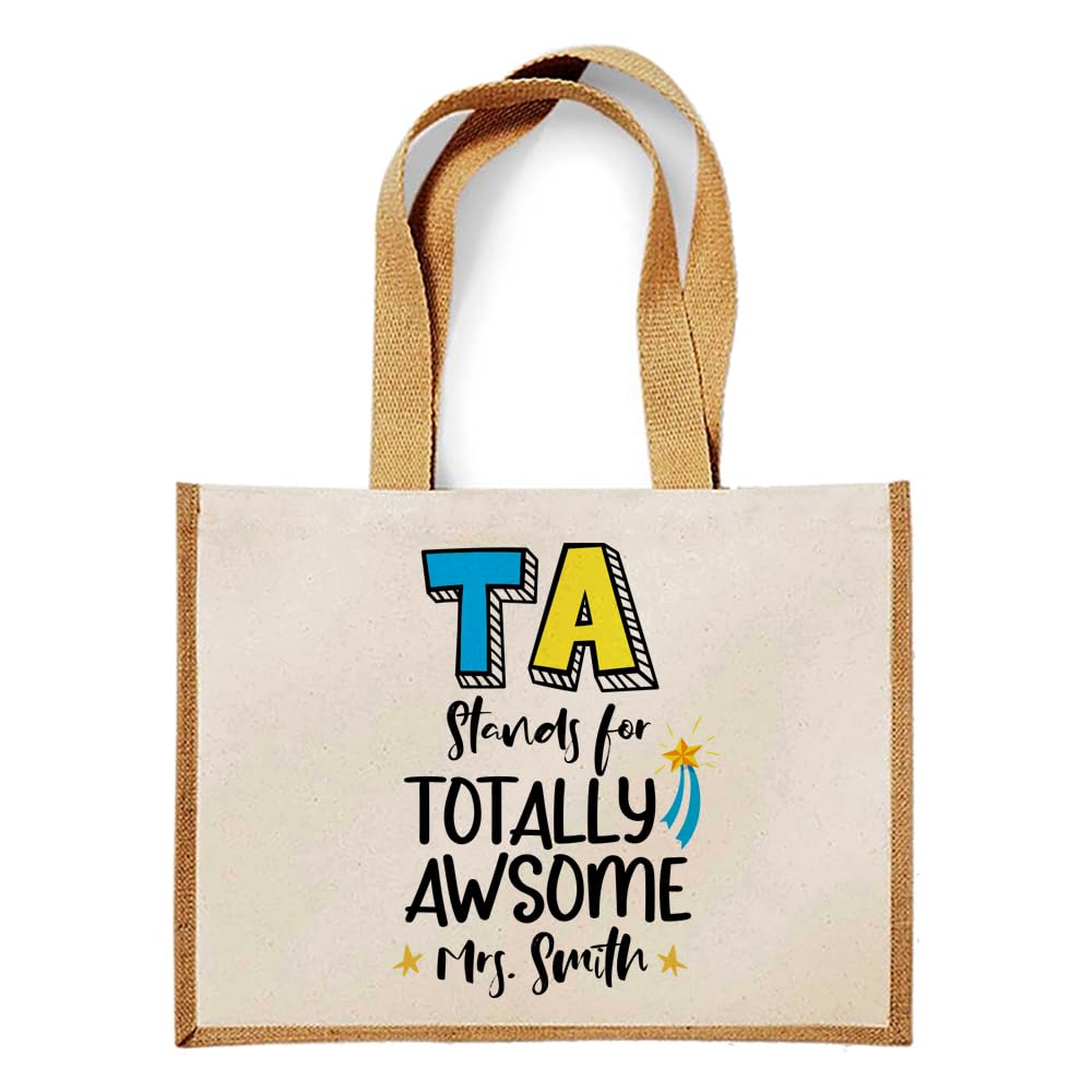 Getagift Personalised TA Stands For Totally Awesome, Teaching Assistant Gift, Jute Bag, Shopping Bag. (Natural)