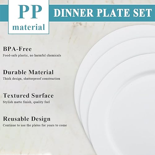Miniatura 4 de Berglander Juego de 12 platos de plástico blanco de 10 pulgadas, platos planos reutilizables e irrompibles, platos de ensalada, cuencos para pasta,