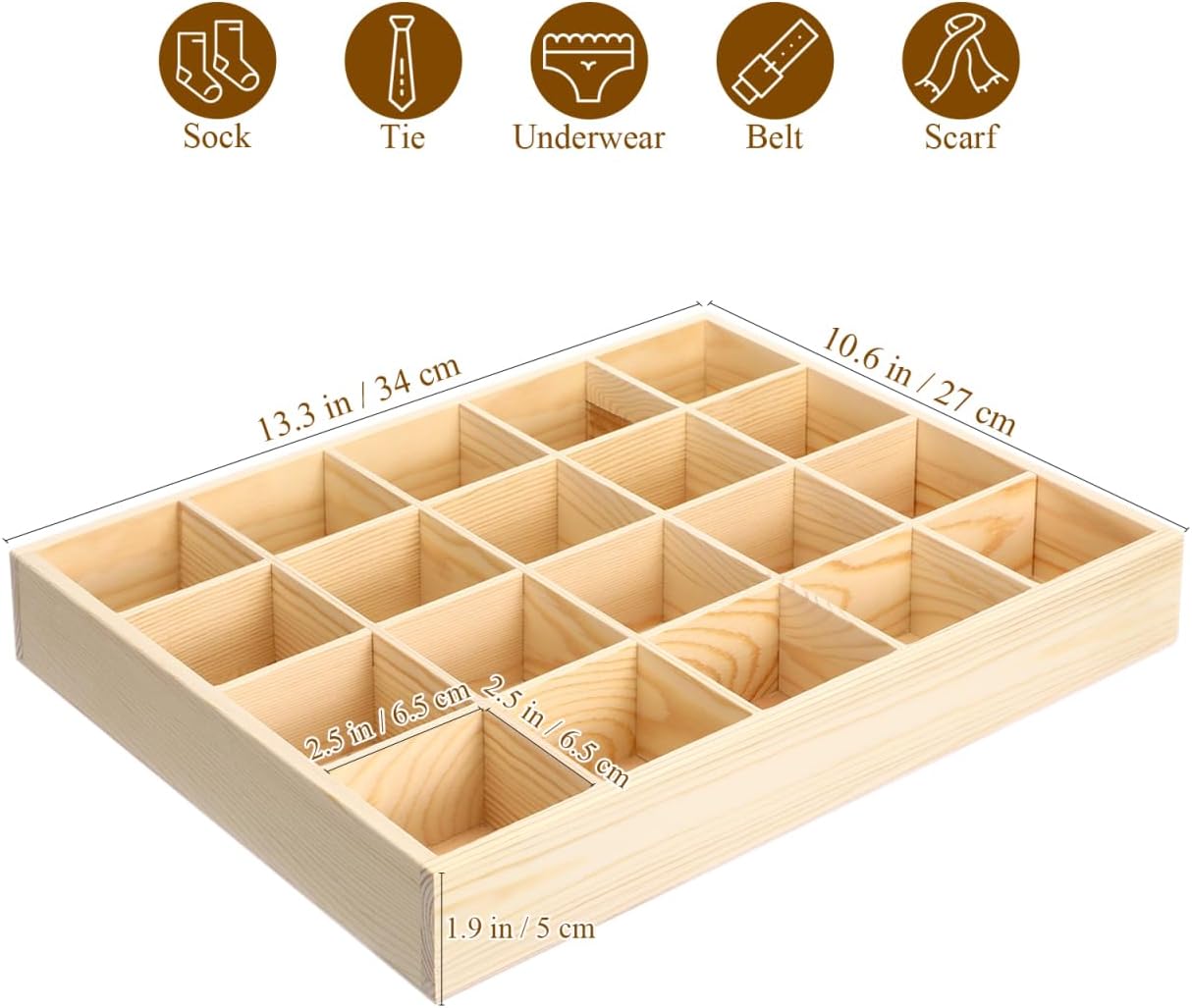 DOITOOL Wooden Socks Organizer Storage Box, 20 Compartments Wooden Drawer Organizer Underwear Storage Box for Belts, Ties, Bras, Briefs, Keys, Socks And Jewelry - 13. 3 X 10. 6 X 1. 9 Inch